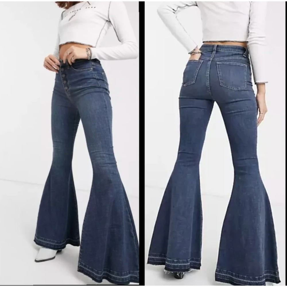 Free People Irreplacable Flare Jeans 29 Boho Blue High Rise Bell Bottom Denim - Picture 5 of 9